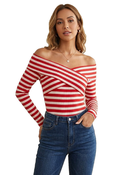Material Girl Tops - Material Girl Women's Size M Medium Red White Striped Bodysuit Top Long Sleeve